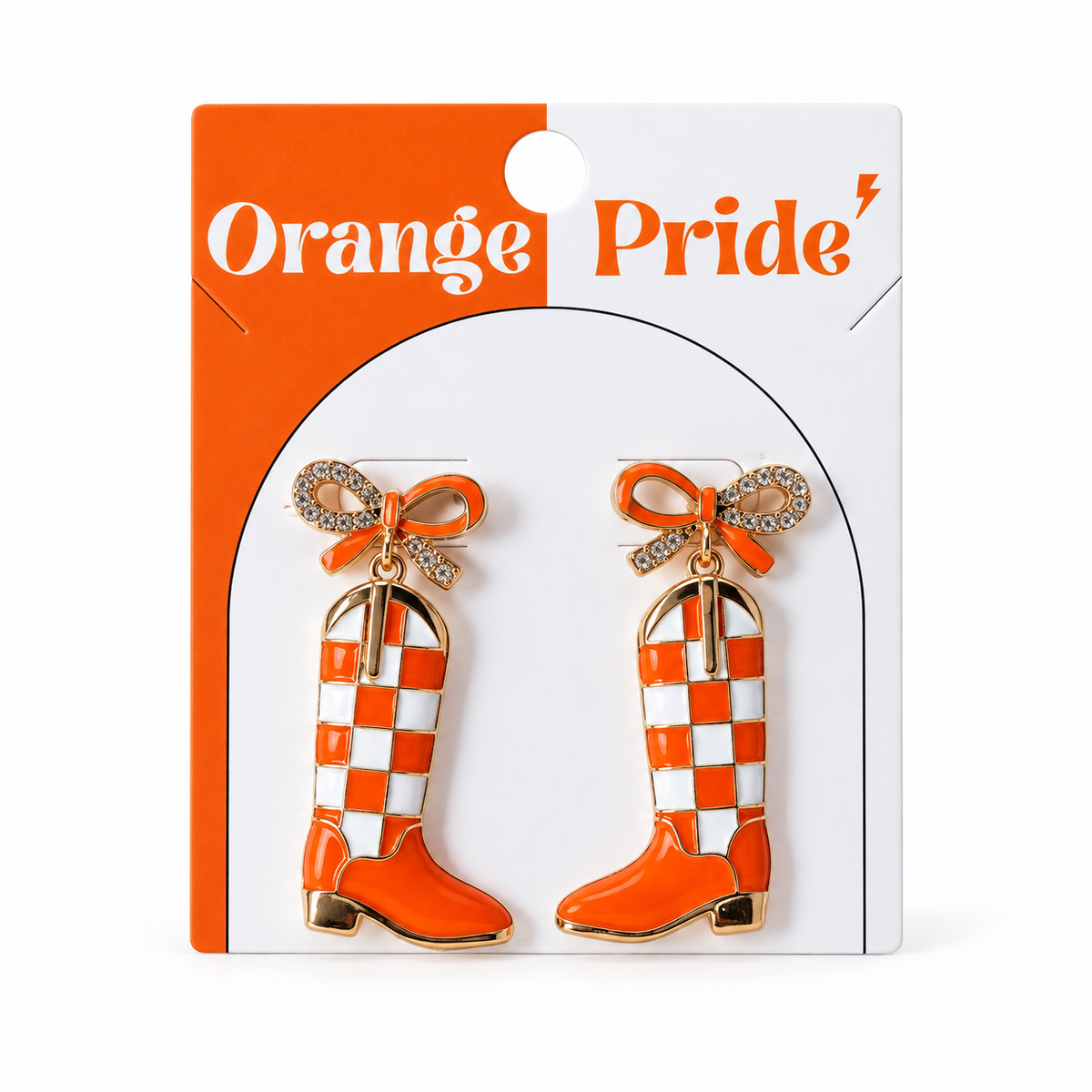 Orange & White Checkered Cowboy Boot Dangle Earrings
