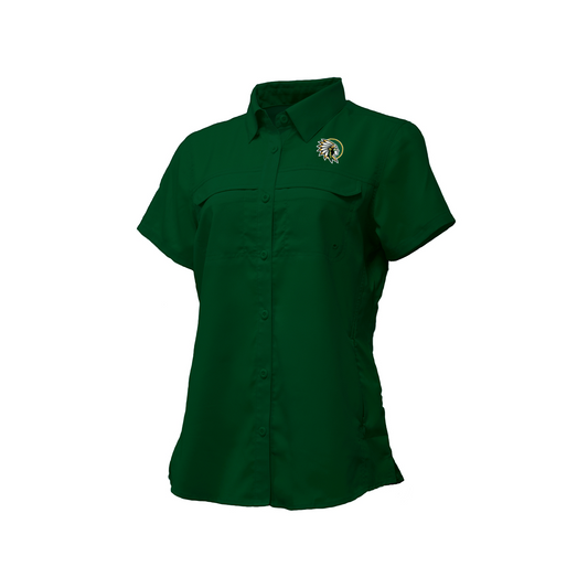 Ladies Embroidered Fishing Shirt - Short Sleeve - New Warrior Head Forest Green