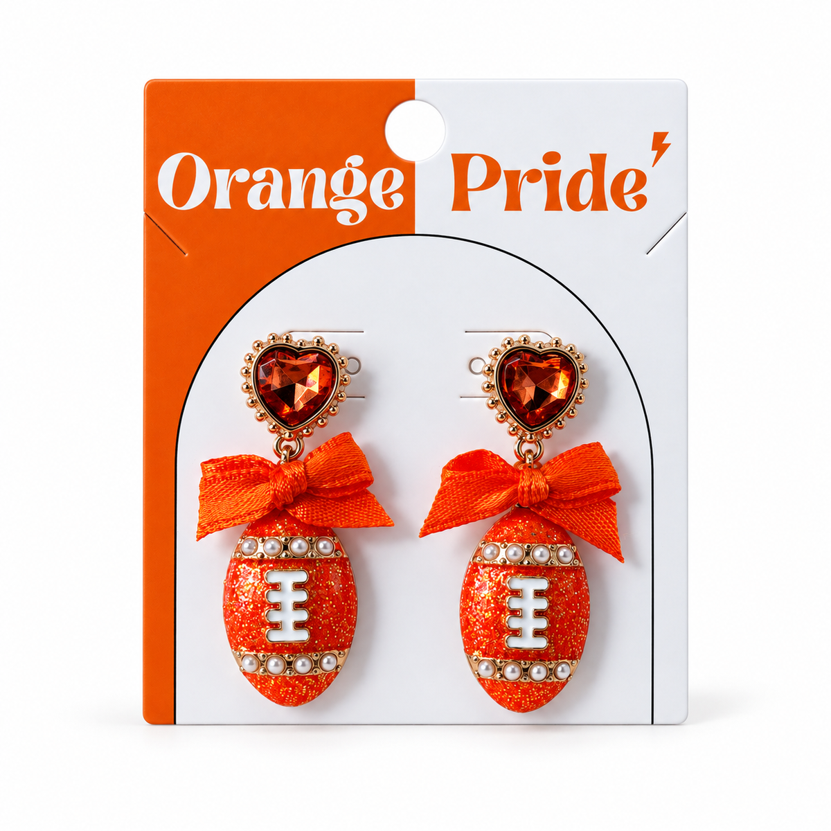 Orange Glitter Football & Bow Dangle Earrings