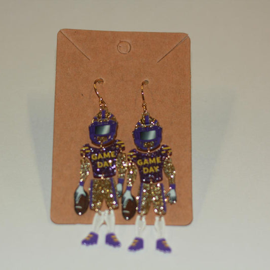 Football Player Dangling Earrings -  Game day Purple and Gold